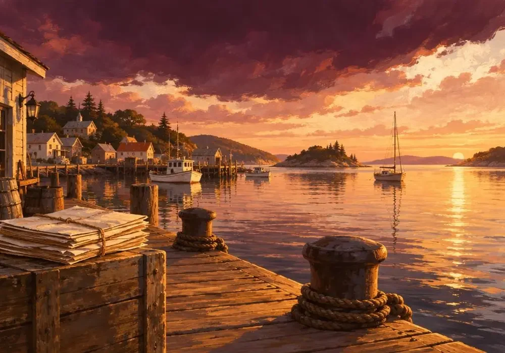 清晨码头与运输清单 - 红果短剧高清魔改 清晨的岛岸码头,缆桩与放在木箱上的运输清单